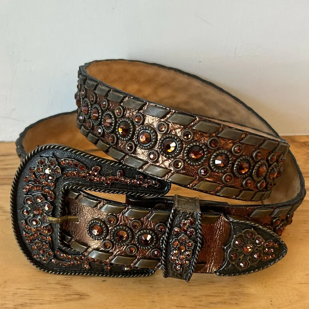 Vintage Leather Rock Rhinestone Western Cowgirl Belt Copper Bronze Cognac USA